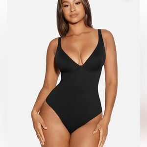 FeelingGirl Black V Neck Tummy Control Contouring Bodysuit Thong Shaping Size L‎